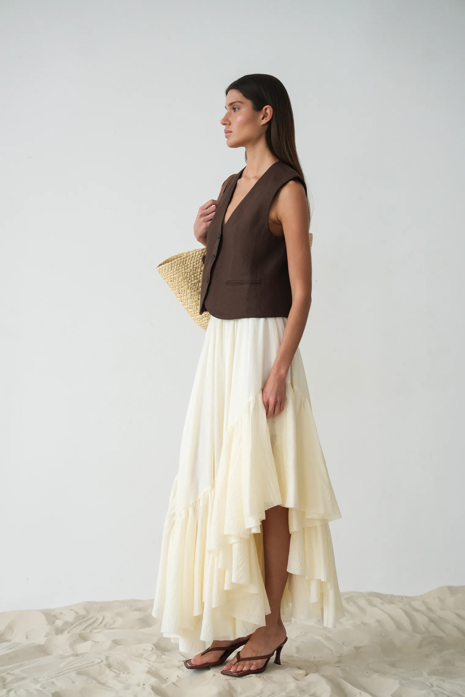 Юбка миди с воланами молочного цвета фото 1