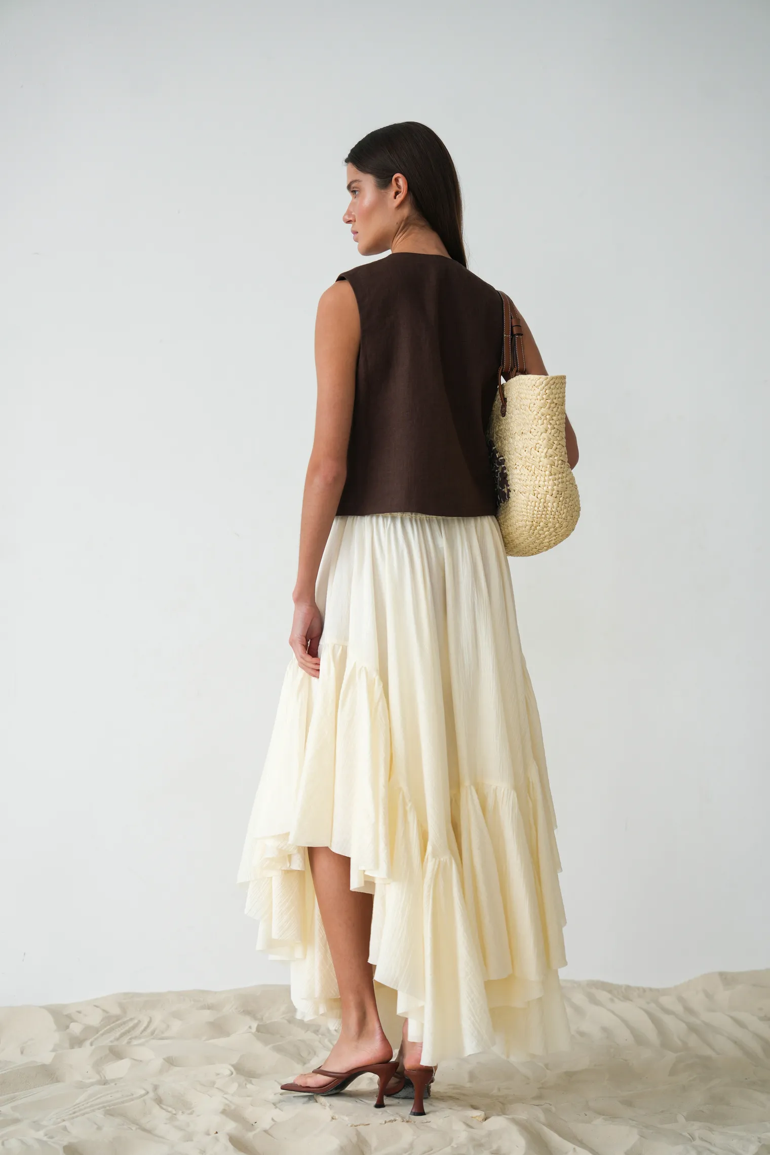 Юбка миди с воланами молочного цвета фото 6