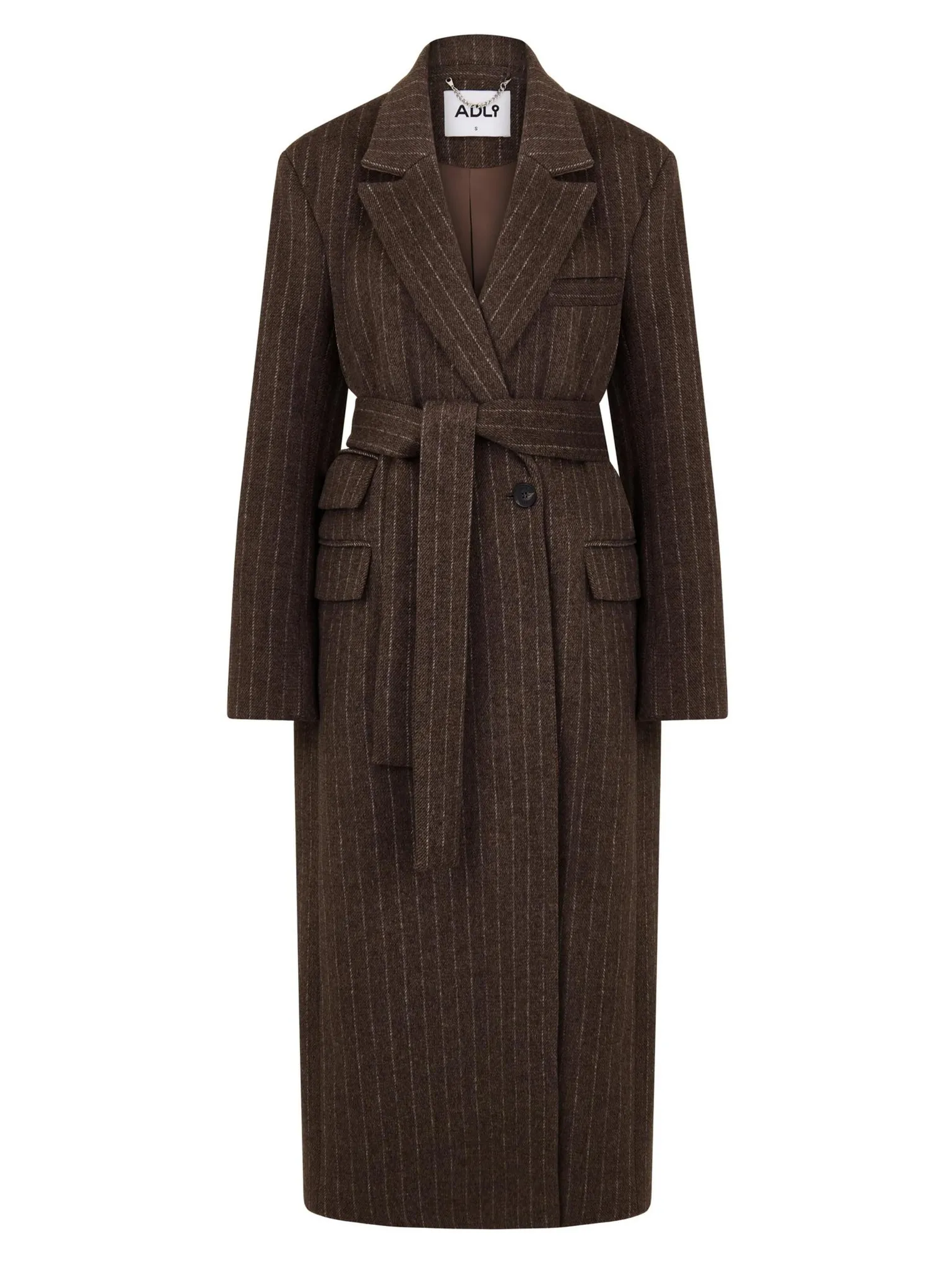 Пальто прямого кроя с карманами и поясом шоколадного цвета в полоску фото 9