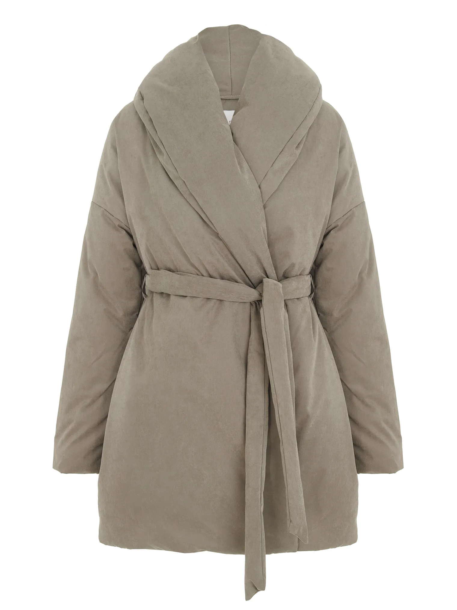 Зимняя куртка с воротником шалька с поясом цвета светлый шоколад фото 1