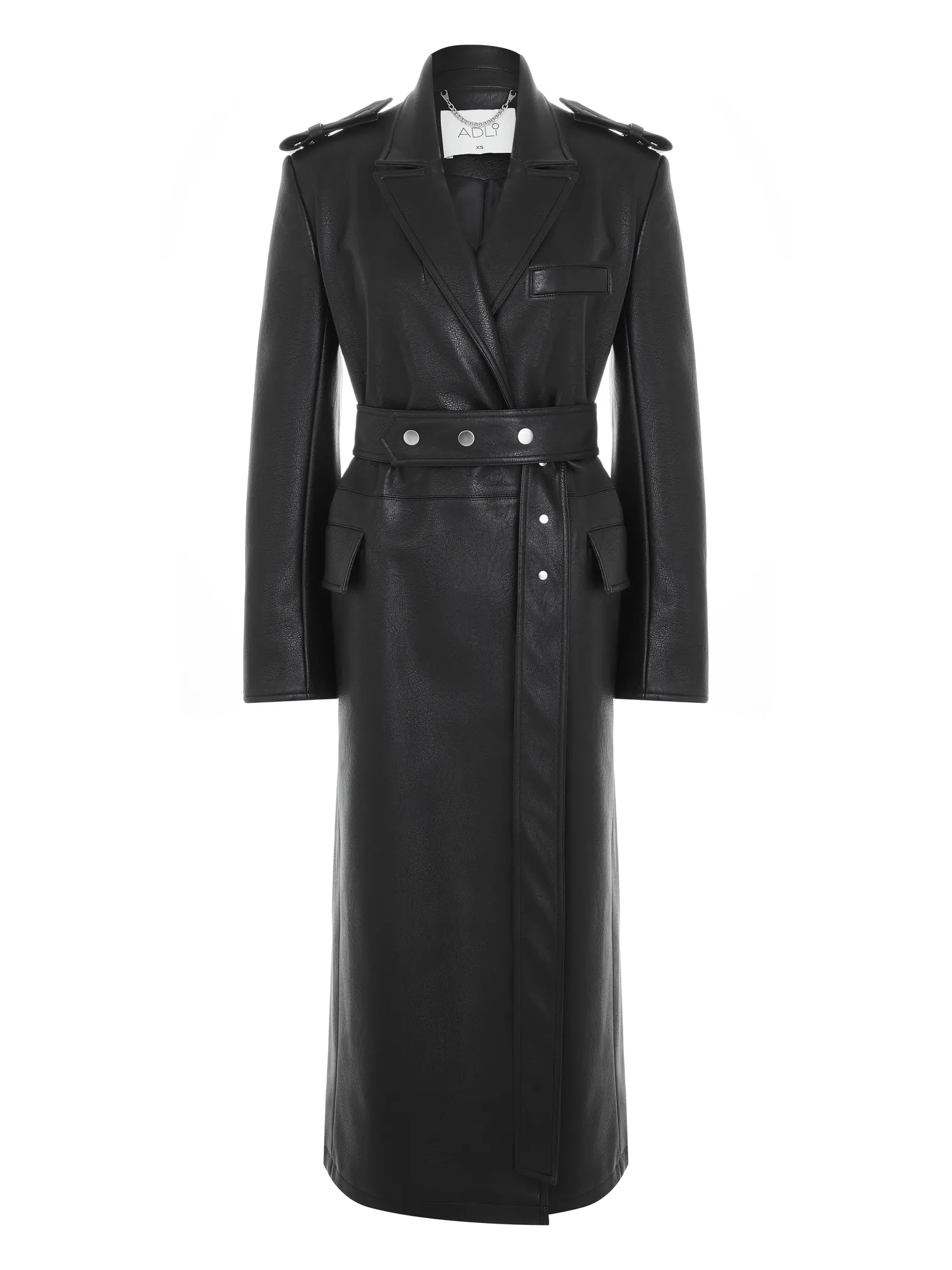 Пальто-тренч из плотной экокожи на кнопках с поясом чёрного цвета фото 1