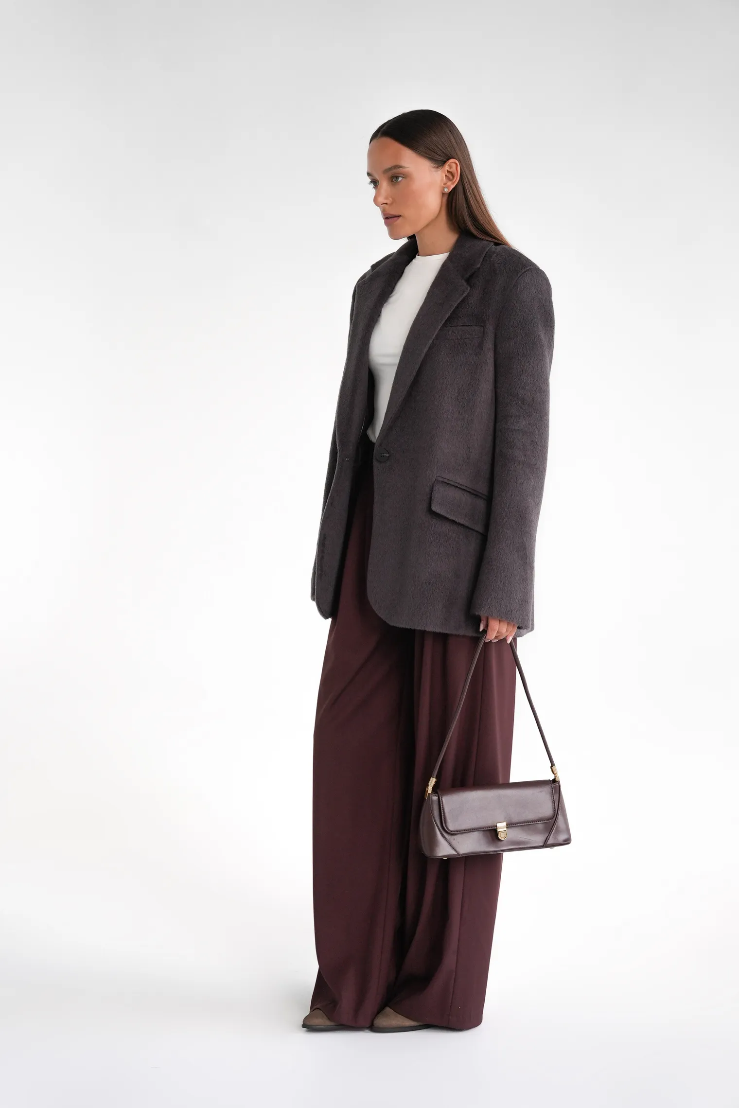 Однобортное пальто-жакет из шерсти цвета моро фото 5