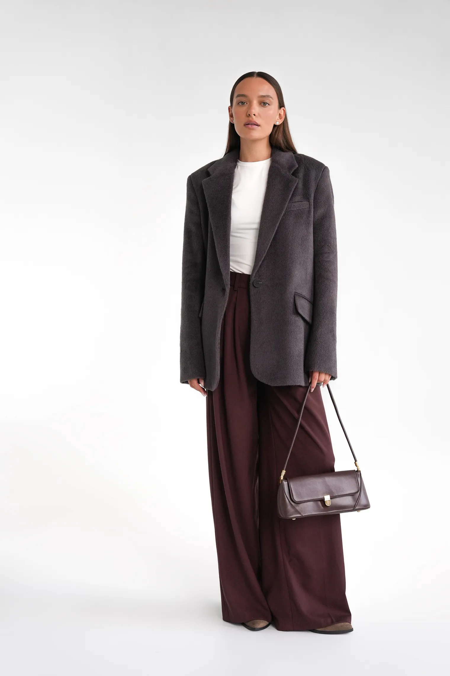Однобортное пальто-жакет из шерсти цвета моро фото 3