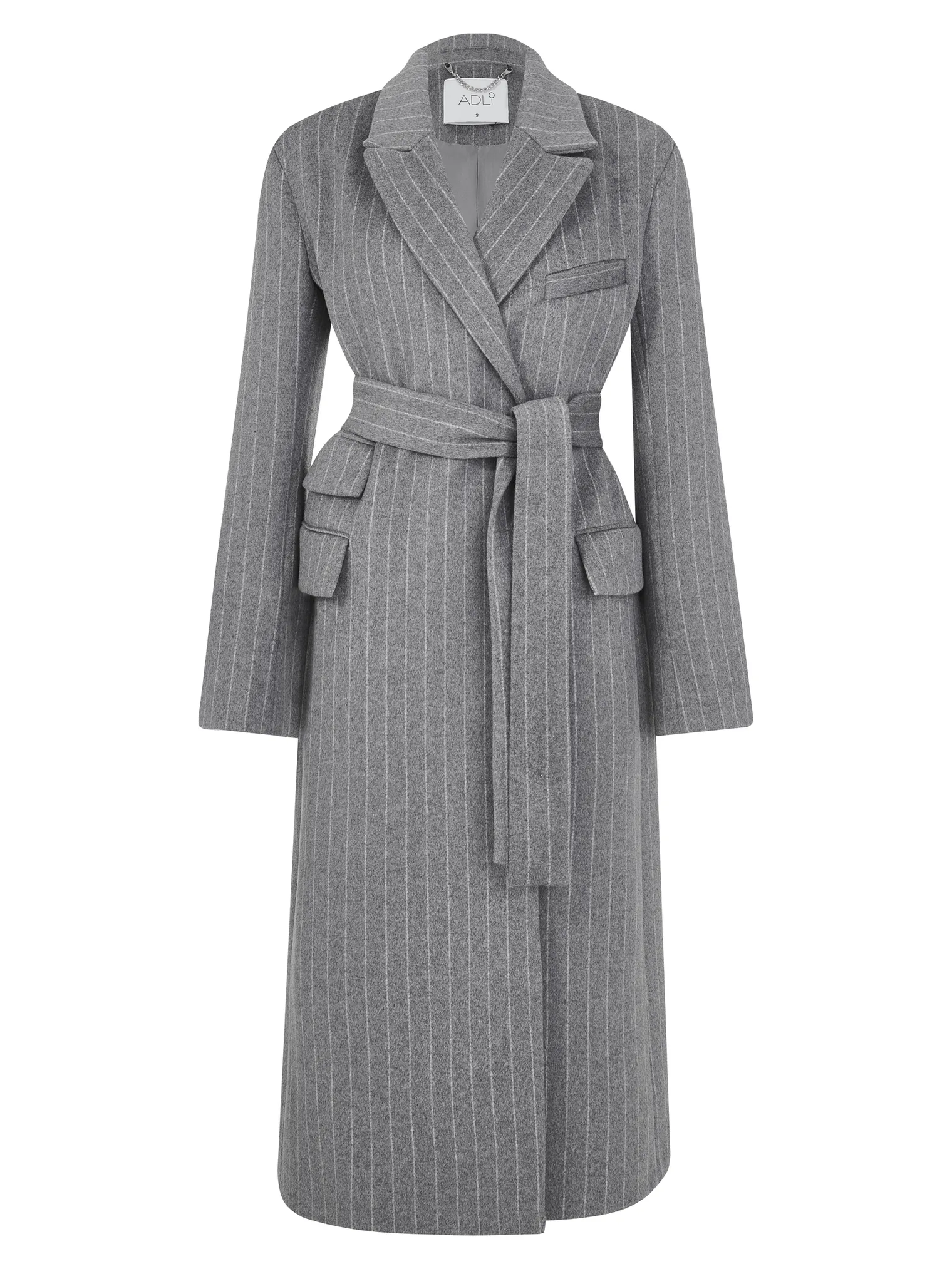 Пальто прямого кроя с карманами и поясом пепельного цвета в полоску фото 9
