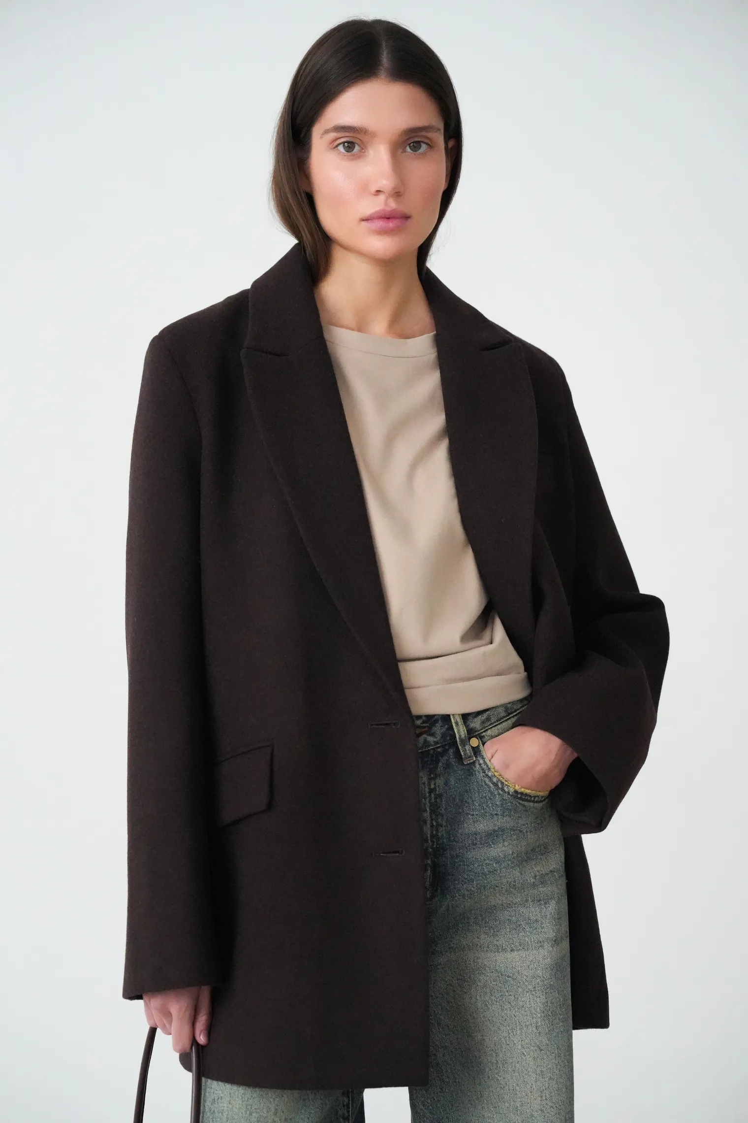 Пальто-жакет однобортное в цвете горький шоколад фото 1