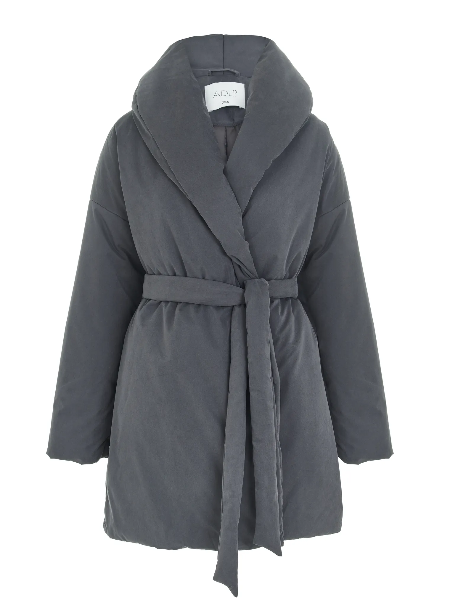 Зимнее пальто с воротником шалька с поясом графитового цвета фото 1