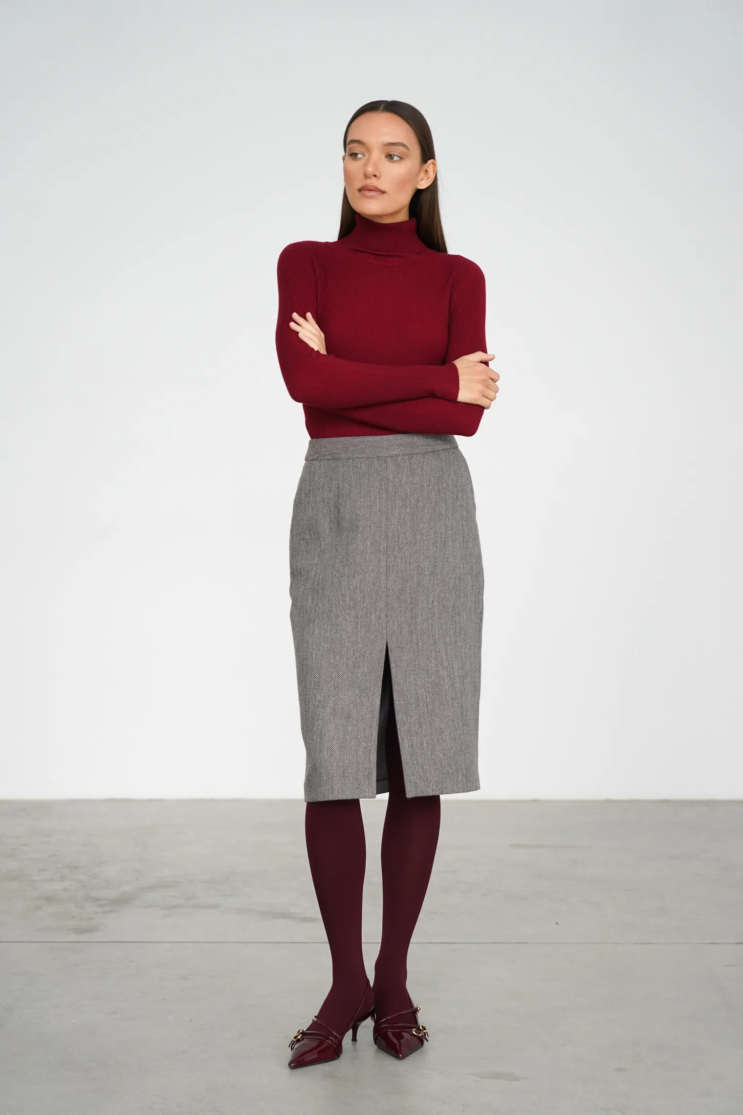 Юбка с разрезом из шерсти в цвете коричневый/серый в ёлочку фото 1