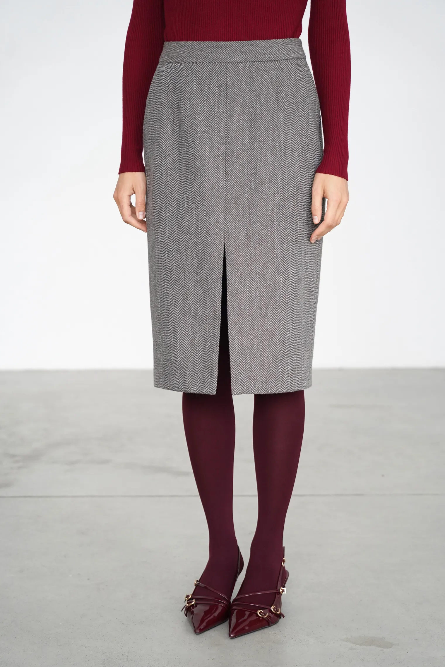 Юбка с разрезом из шерсти в цвете коричневый/серый в ёлочку фото 2