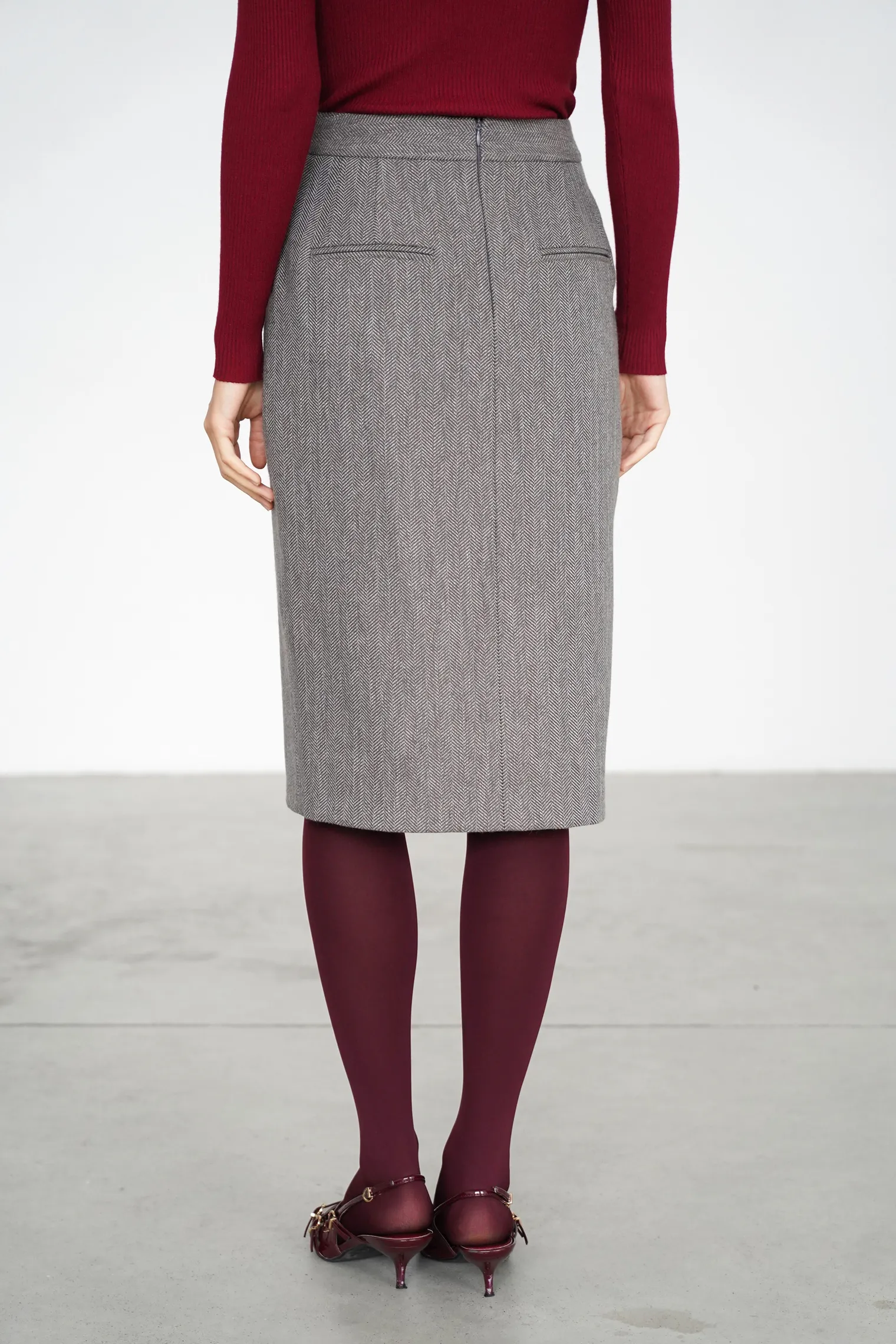 Юбка с разрезом из шерсти в цвете коричневый/серый в ёлочку фото 4
