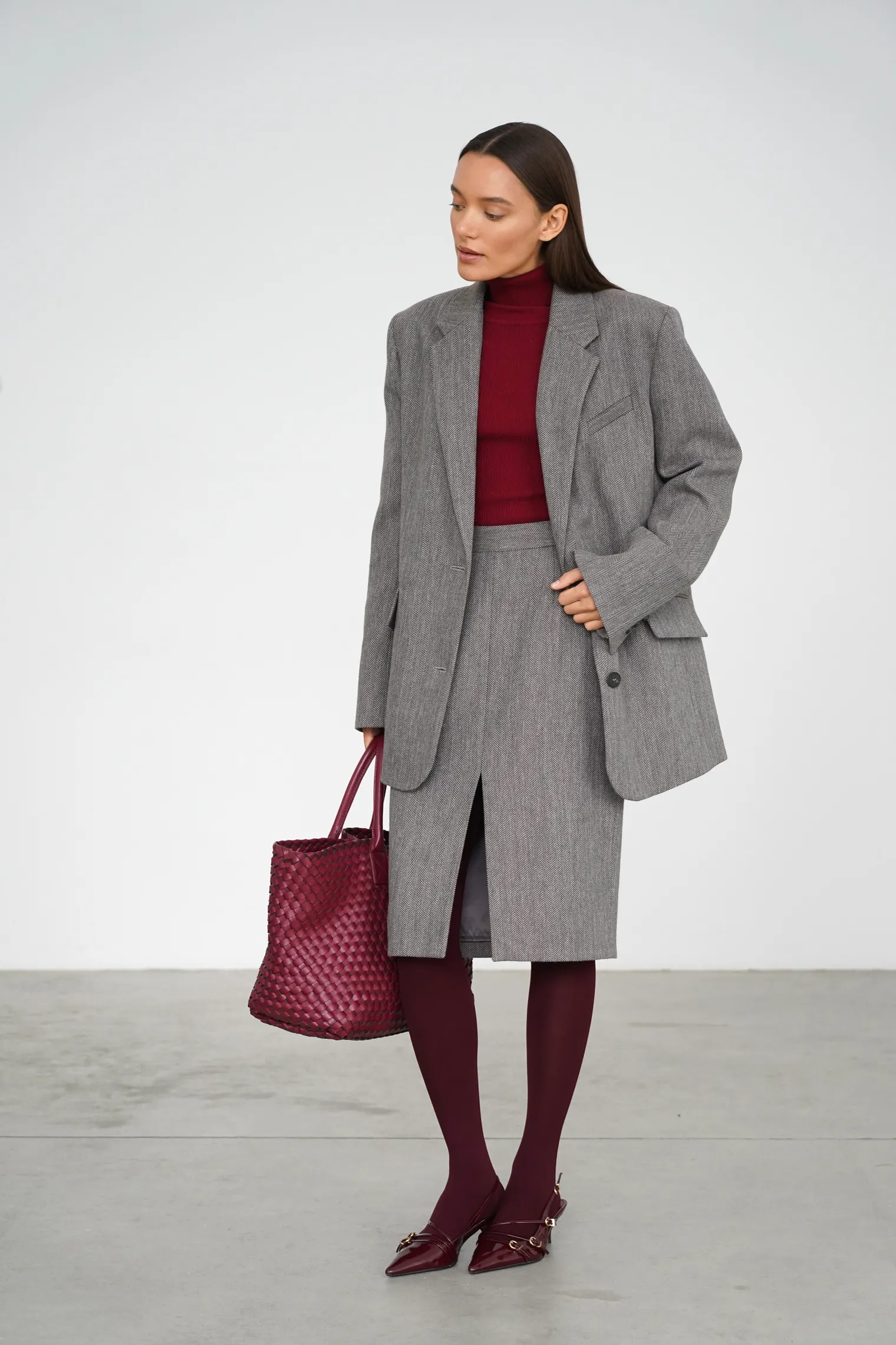 Юбка с разрезом из шерсти в цвете коричневый/серый в ёлочку фото 8