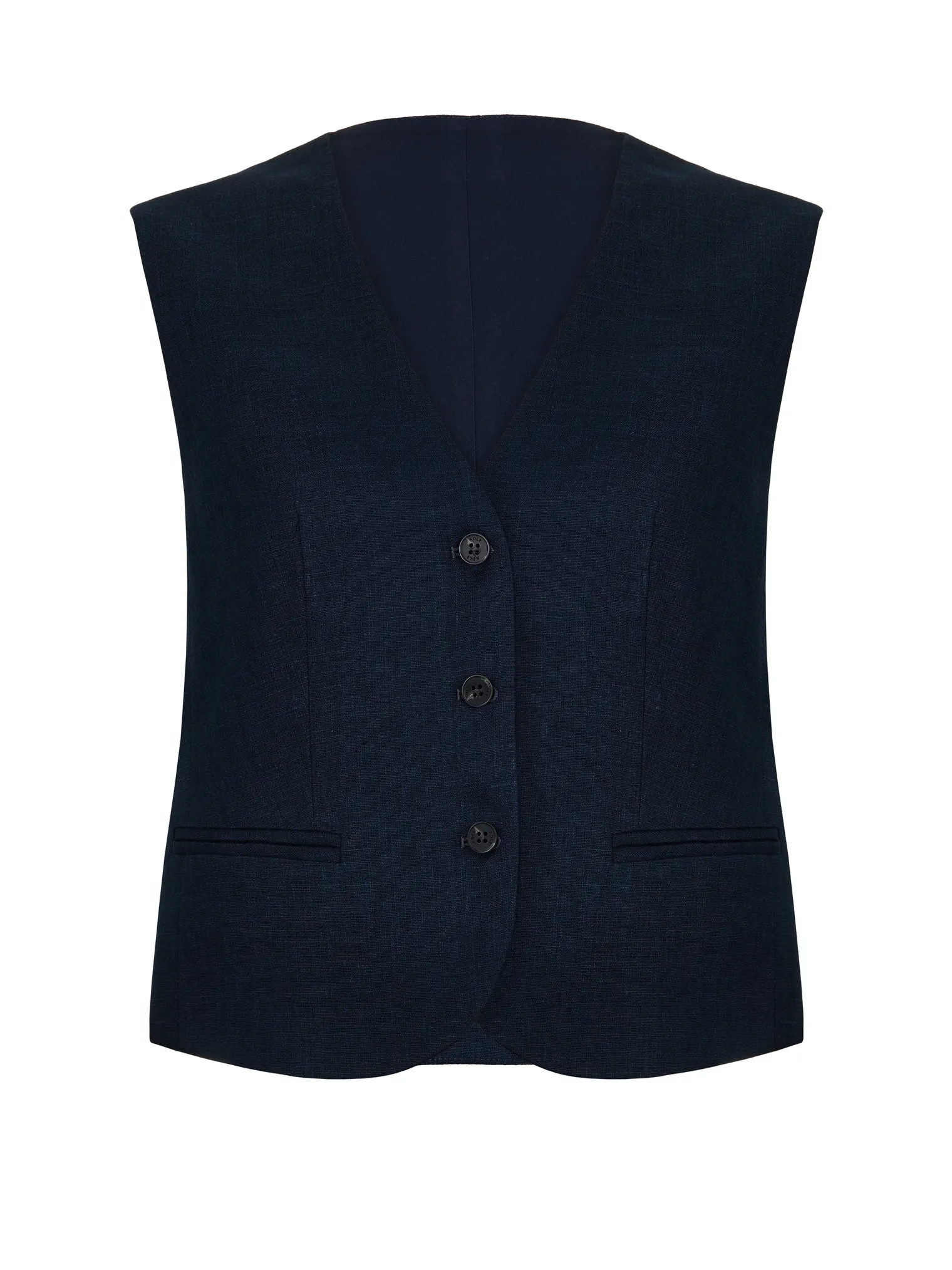 Однобортный жилет с пуговицами изо льна тёмно-синего цвета фото 7