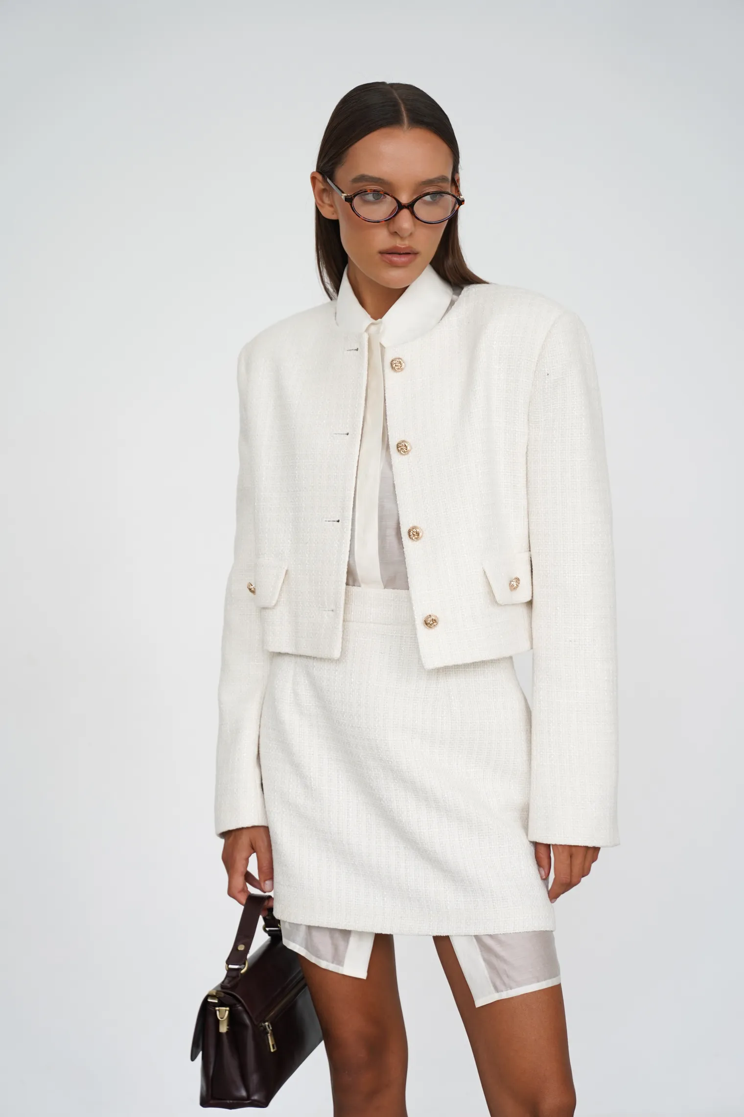 Жакет укороченный из твидовой ткани цвета тофу фото 5