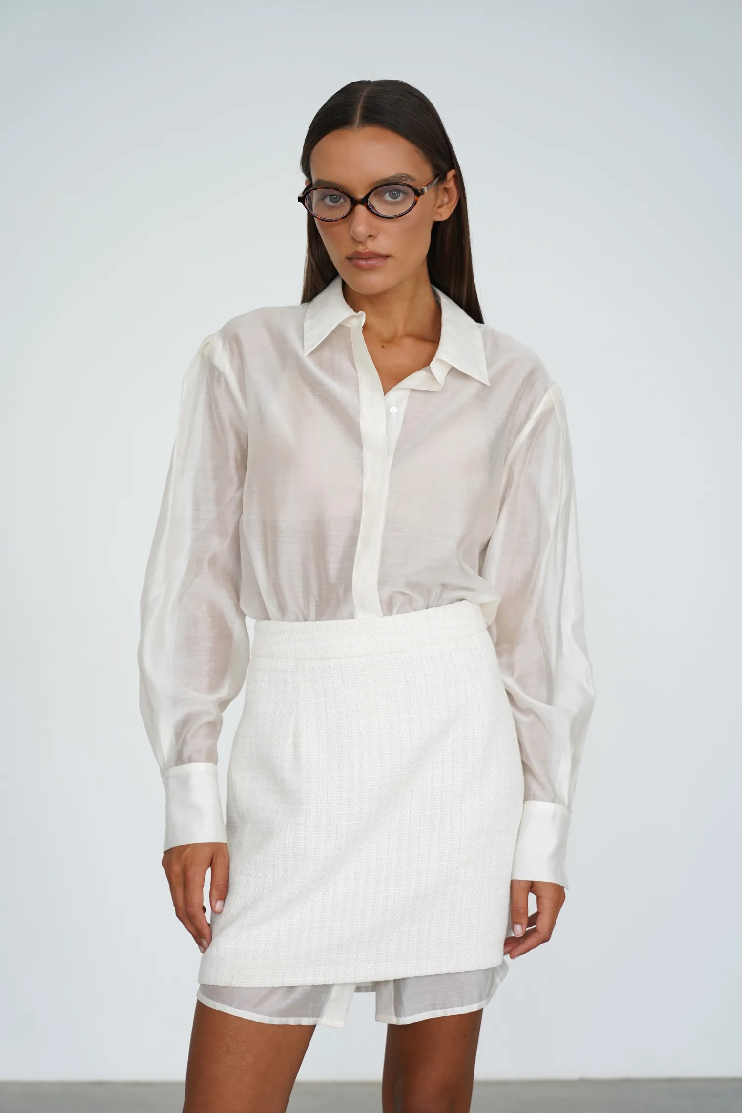 Юбка мини из твидовой ткани цвета тофу фото 1