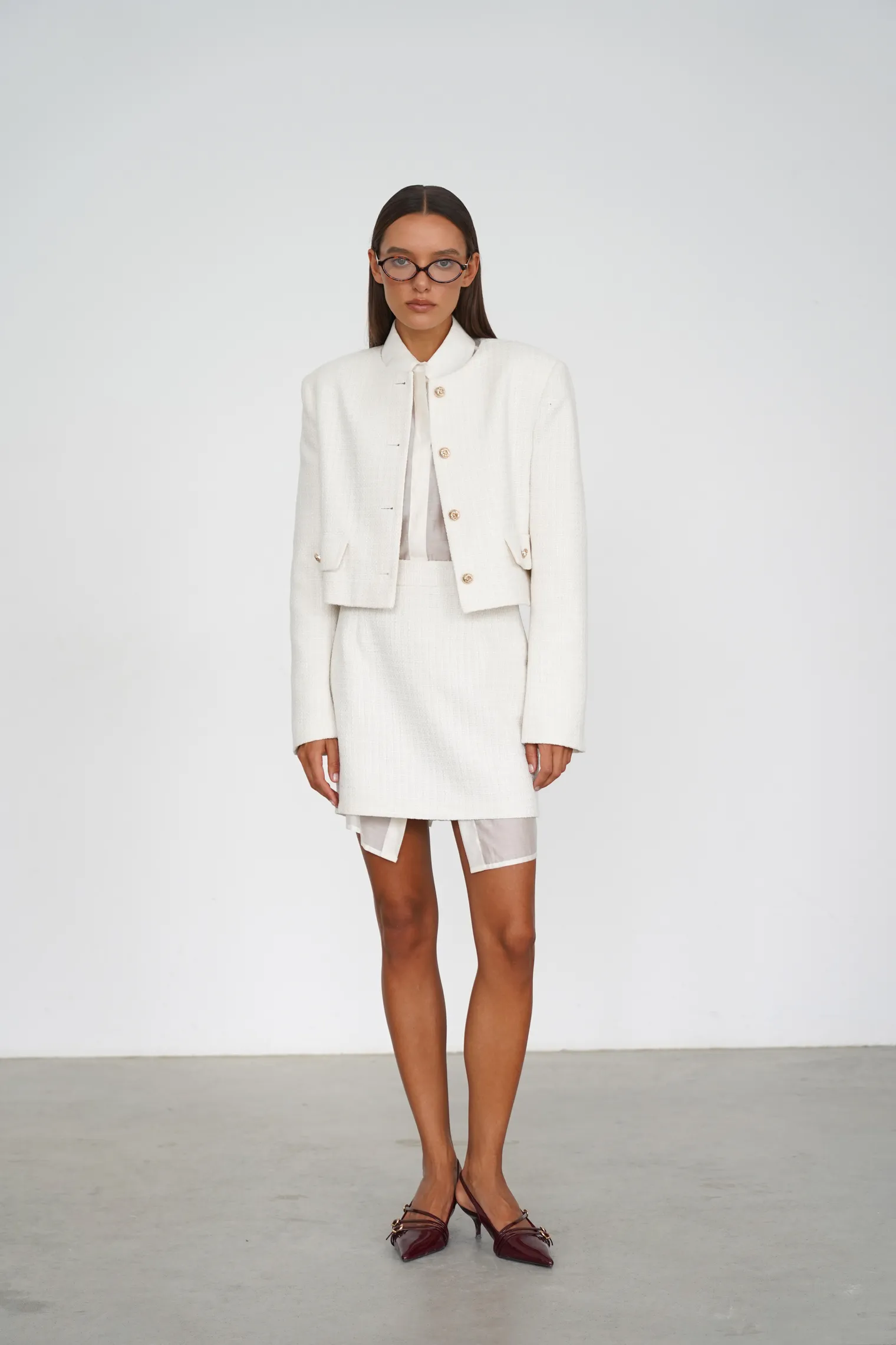 Юбка мини из твидовой ткани цвета тофу фото 3