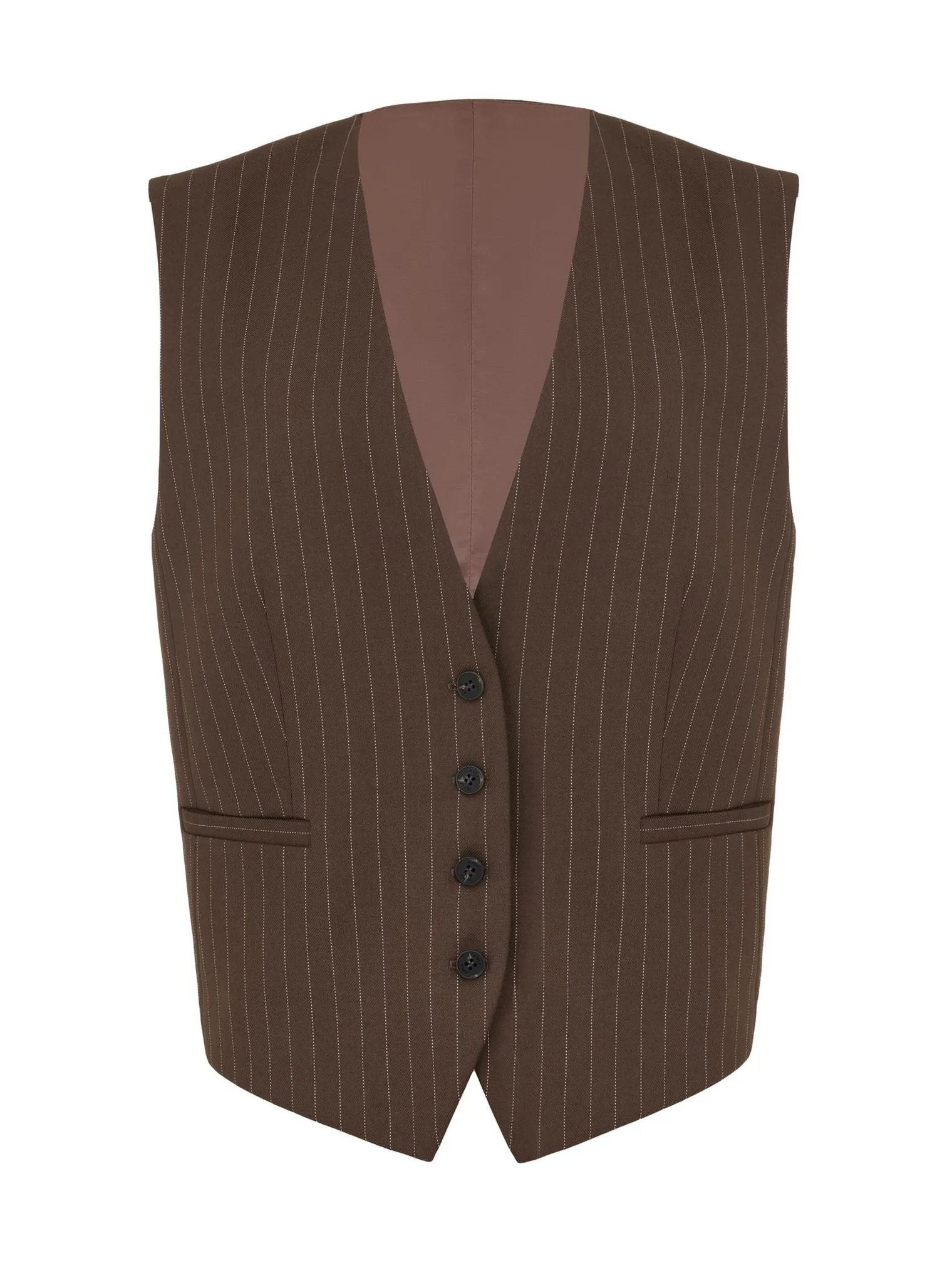 Однобортный жилет свободного кроя с пуговицами в полоску шоколадного цвета фото 7