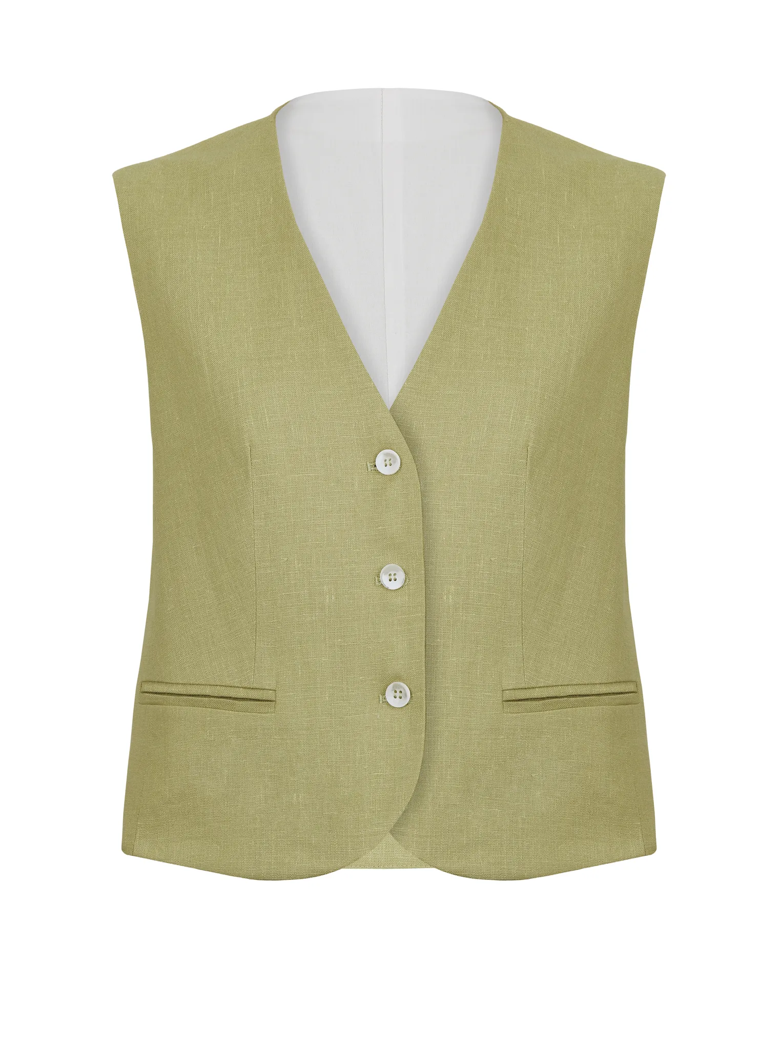 Однобортный жилет с пуговицами изо льна оливкового цвета фото 9